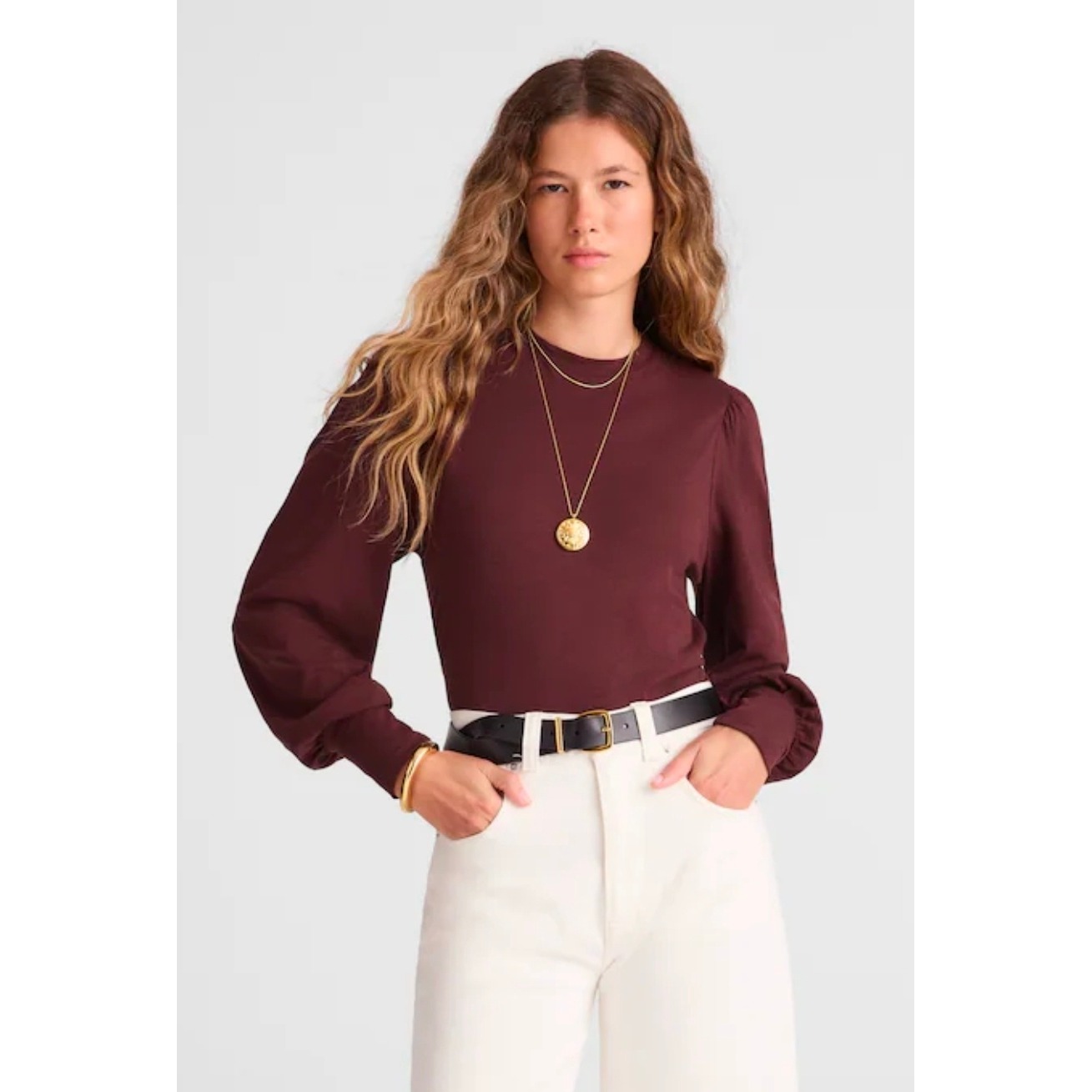 Madewell Women Lg Dark Brown Pima Cotton Puff Sleeve Top Smocked Cuff